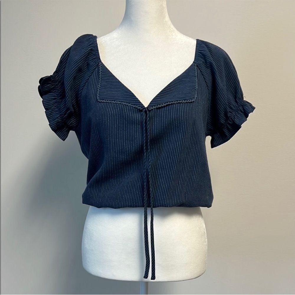 New Allie Rose Navy Blue and White Stripes Short Sleeve Blouse S